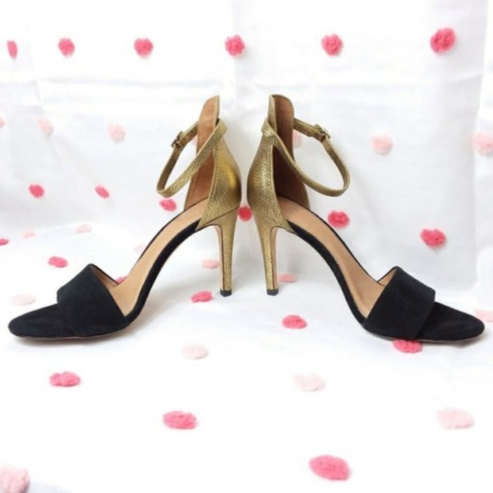 Joie Jaclyn Heels Metalic Gold & Black Velvet Stilettos Ankle Strap Leather